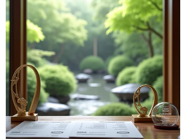 受賞トロフィーと認定証が並べられ、背景には緑豊かな自然の風景。岩船草曲園の環境造園における卓越した実績と社会貢献を象徴。