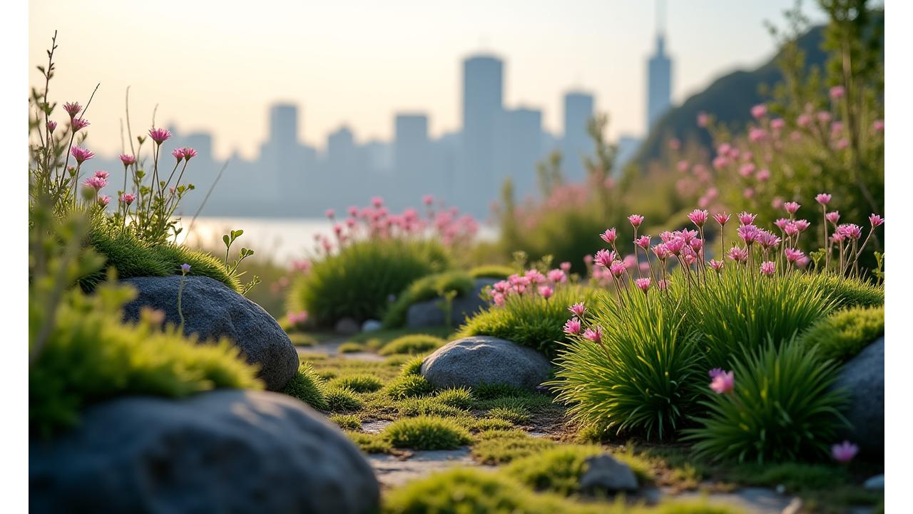 都市の屋上庭園に再現された、雪解けと芽吹きが美しい高山植物の景観。手前にはコマクサのような可憐な花が咲き、奥には現代的な建築物がぼんやりと見える対比が美しい。