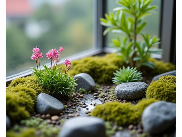 都市のベランダに設置された、苔むした岩と小さな高山植物が配置されたミニロックガーデン。