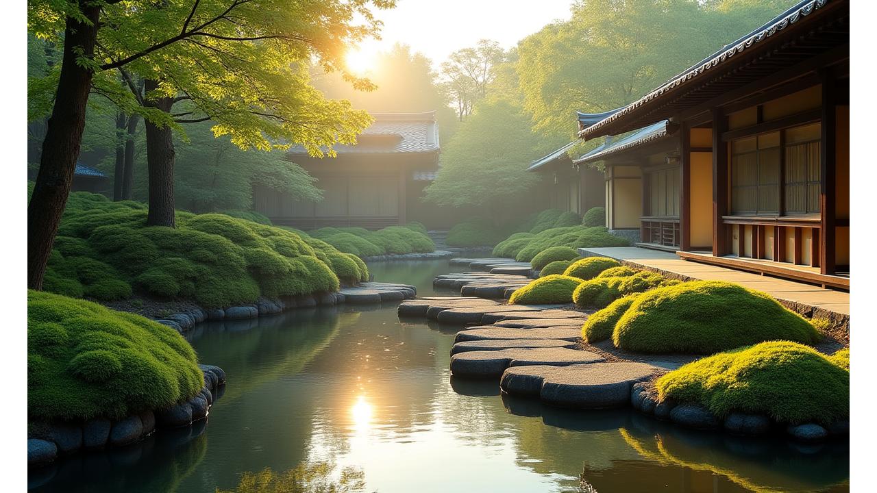 京都の伝統的な庭園の背景に、温かい光が差し込む光景