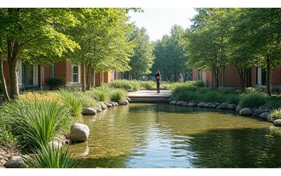 多様な植物が植えられた大学キャンパス