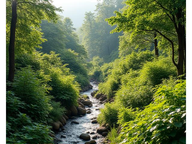緑豊かな植生で覆われた美しい斜面ガーデン。石積みが自然に溶け込んでいる。