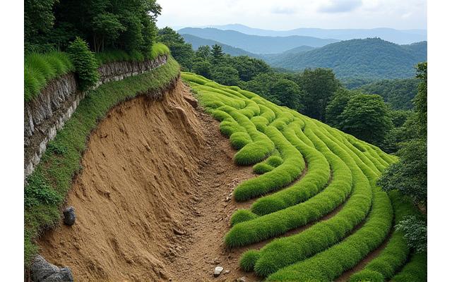 豪雨で荒れた京都市内の斜面が緑豊かに復旧した様子