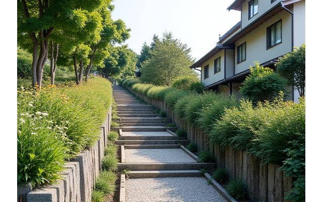 大阪府の住宅地の急傾斜地が、自然工法で安全に整備された様子