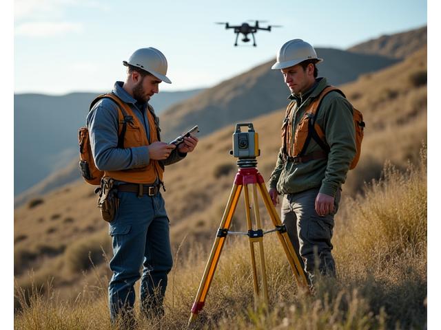 地質調査を行う専門家が斜面を詳細に分析している様子。様々な測定機器が置かれている。