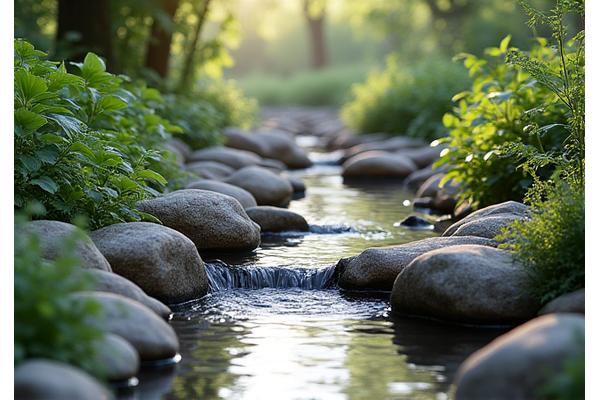 斜面の下部に設置された自然に溶け込む石組の排水システム