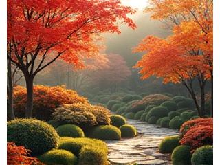 秋の庭園。自然な紅葉と熟れた果実が美しく、落ち着いた色合いの景観。