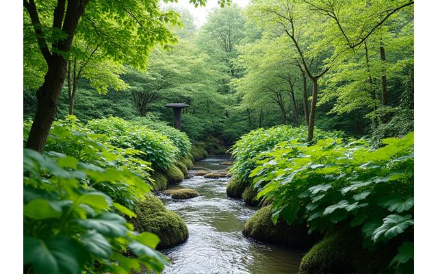 ノータッチガーデニングの美しい景観。四季が移ろう中で自然に調和する庭園の様子を表現。