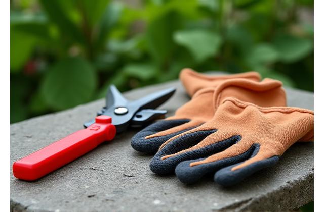 剪定ばさみと手袋だけが置かれたシンプルな庭園用具のイメージ。過剰な手入れが不要であることを示唆。