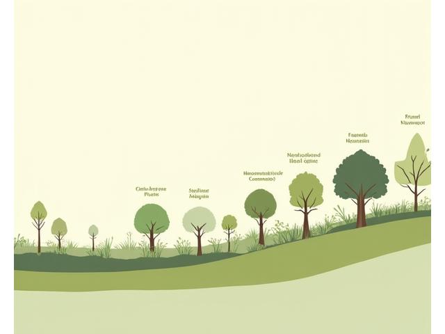 植物遷移の段階を示す図。先駆植物から極相林への変化が描かれ、時間経過による植生の変化を解説。
