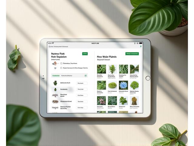 タブレット上で表示される植生タイプごとのフィルターと、ネイティブプランツのグリッドカタログ。自然光が差し込み、UIは直感的で洗練されている。