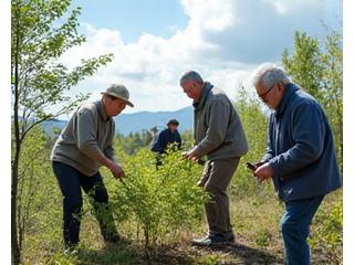 地域住民が協力し、荒廃した里山で原生植物の植樹活動を行っている。様々な年代の参加者が一丸となって汗を流している。