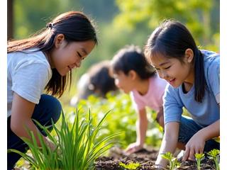 小学校の庭で、子供たちが専門家の指導のもと、楽しそうに原生植物の苗を植え付けている。先生や保護者も参加し、笑顔が溢れる光景。