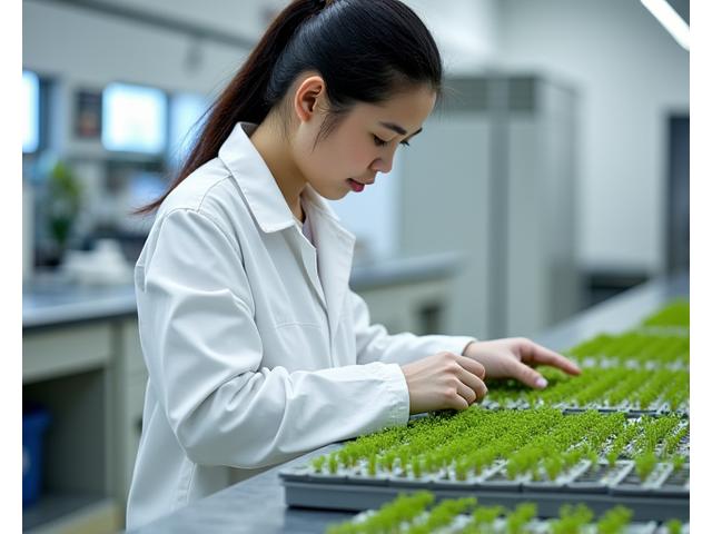 岩船草曲園のスタッフが、手作業で原生植物の種子を丁寧に選別している様子。隣には発芽を待つ育苗トレイが並び、研究室のような清潔感と専門性が強調されている。