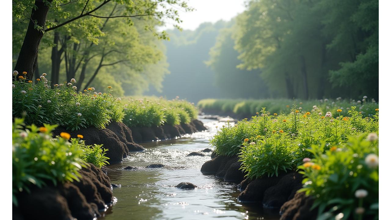 京都市内の自然豊かな風景、清流のせせらぎと共に咲き誇る原生植物の群生。手前には様々な原生植物の苗が並べられ、カタログのように視線が誘導される構図