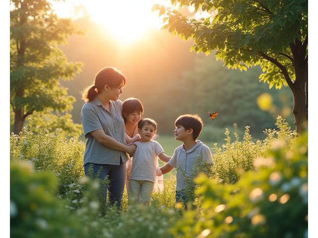 個人庭園で、家庭菜園を楽しむ人々。背景には美しく手入れされた原生植物の庭が広がり、子供たちが自然の中で遊んでいる。家族の笑顔と安らぎの雰囲気が伝わる。