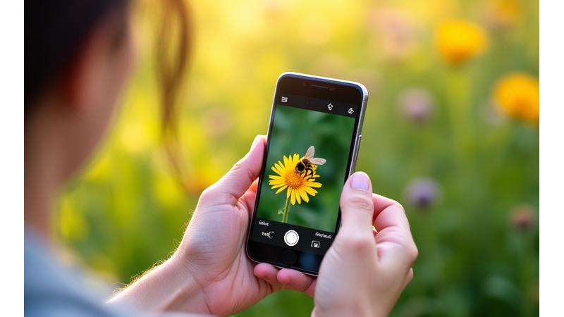 スマートフォンで昆虫を撮影し、識別アプリを操作している様子