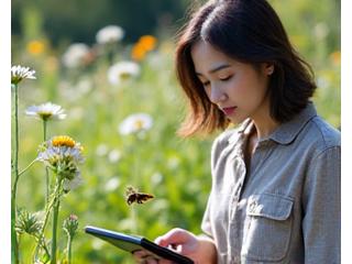 庭でポリネーターの様子を記録している研究者の姿