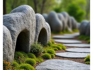 苔むした石積みの奥に、小さな昆虫が見える風景