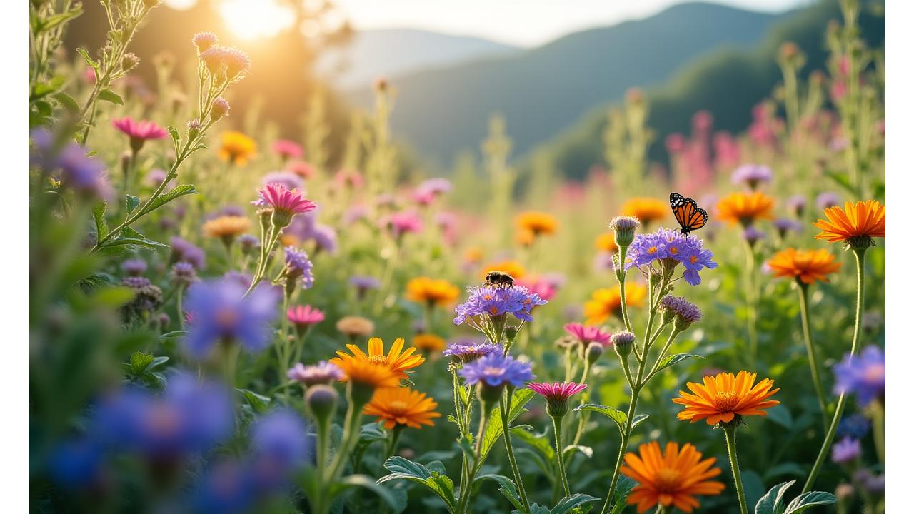 様々な種類の花々が咲き乱れ、ミツバチやチョウが飛び交う、活気あふれるポリネーターガーデンのイメージ