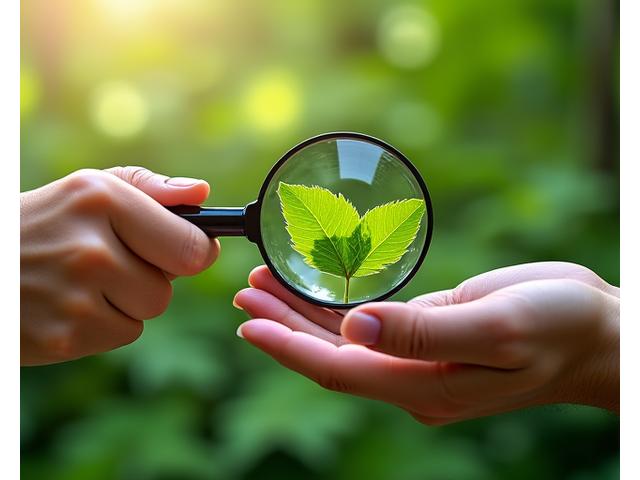 拡大鏡で植物の葉を観察する研究者