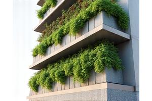 建物の壁面に直接緑化が施された一体型システムの断面透視図。断熱材と植物が層になっており、構造的な安定感を示す