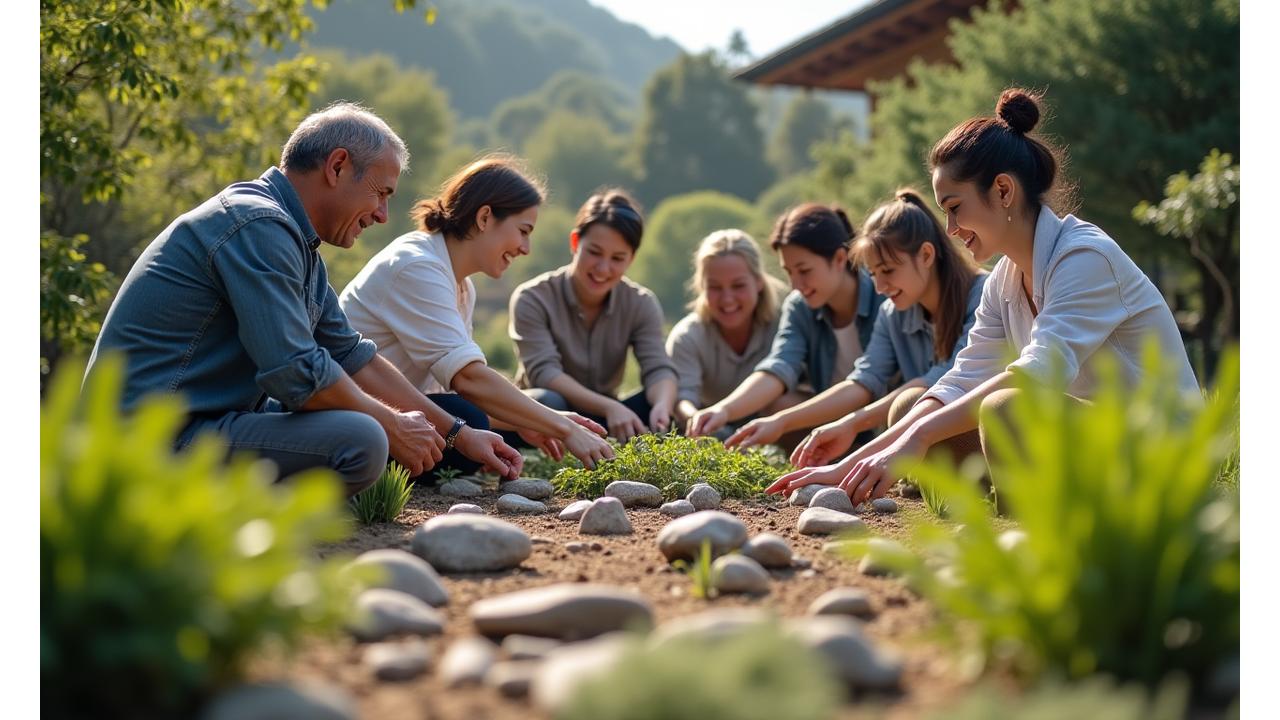 ゼリスケープワークショップでの参加者が笑顔で植物を植えている風景